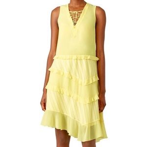 Three Floor Lemon Yellow Ruffle Chiffon Asymmetrical Flowy Sleeveless Dress Sz 2